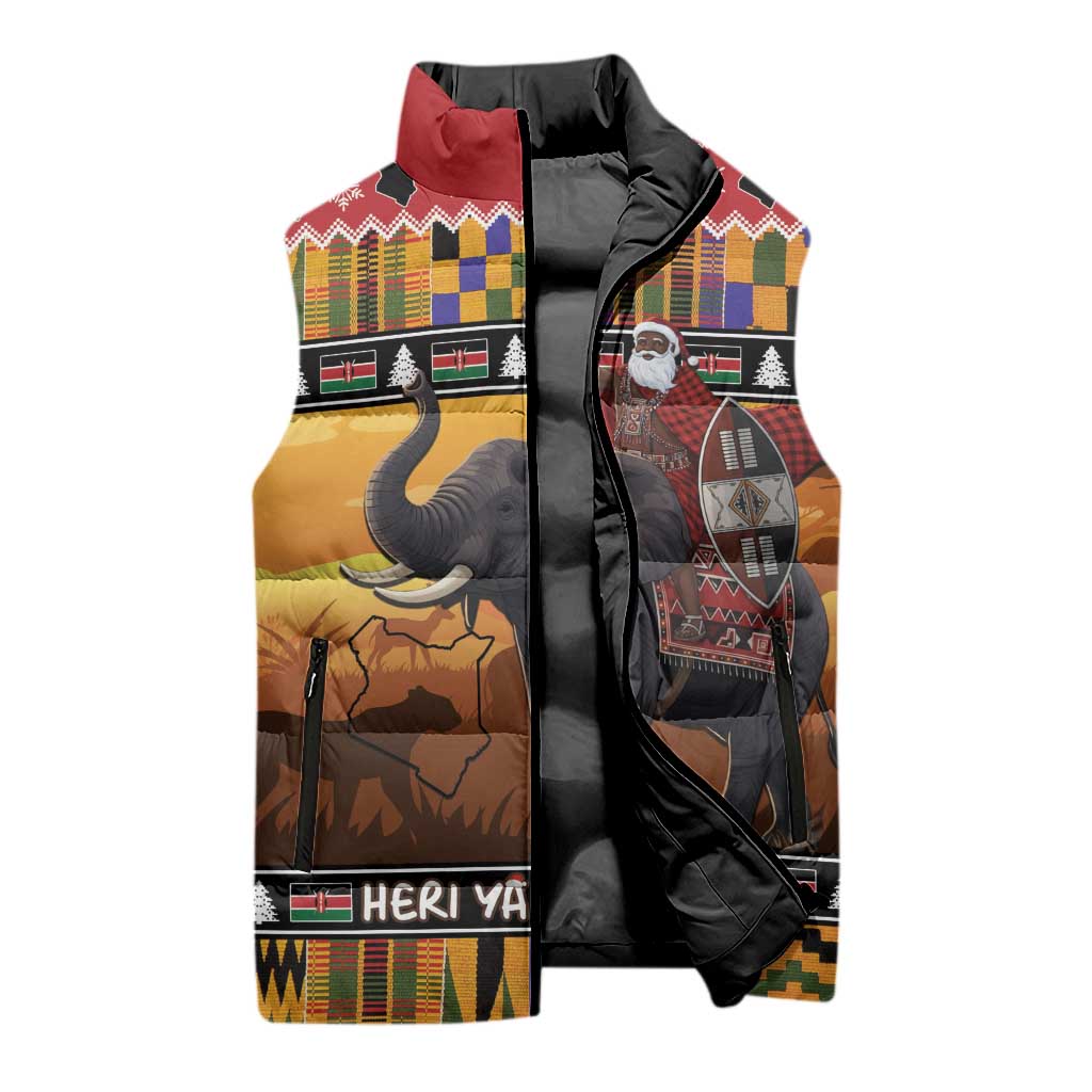 Kenya Safari Christmas Sleeveless Puffer Jacket Black Santa Riding Elephant - Heri ya Krismasi - Wonder Print Shop