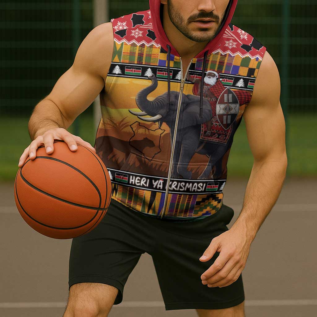 Kenya Safari Christmas Sleeveless Zip Hoodie Black Santa Riding Elephant - Heri ya Krismasi - Wonder Print Shop
