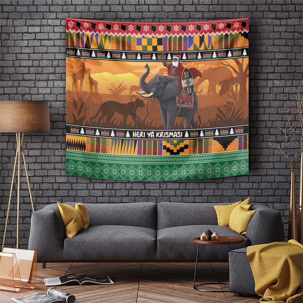 Kenya Safari Christmas Tapestry Black Santa Riding Elephant - Heri ya Krismasi - Wonder Print Shop