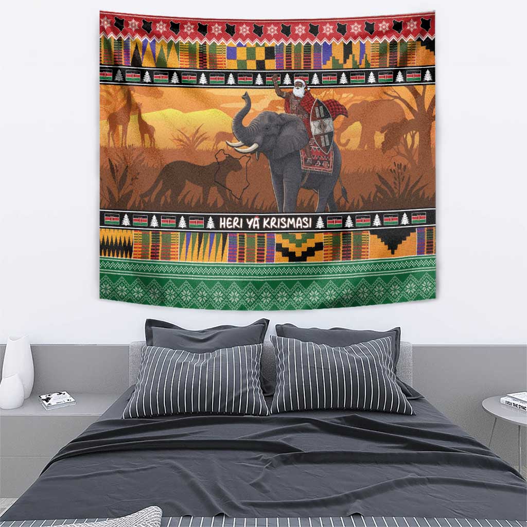 Kenya Safari Christmas Tapestry Black Santa Riding Elephant - Heri ya Krismasi - Wonder Print Shop
