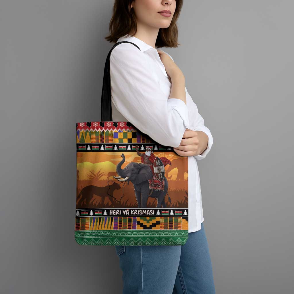Kenya Safari Christmas Tote Bag Black Santa Riding Elephant - Heri ya Krismasi - Wonder Print Shop