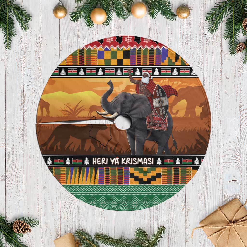 Kenya Safari Christmas Tree Skirt Black Santa Riding Elephant - Heri ya Krismasi - Wonder Print Shop