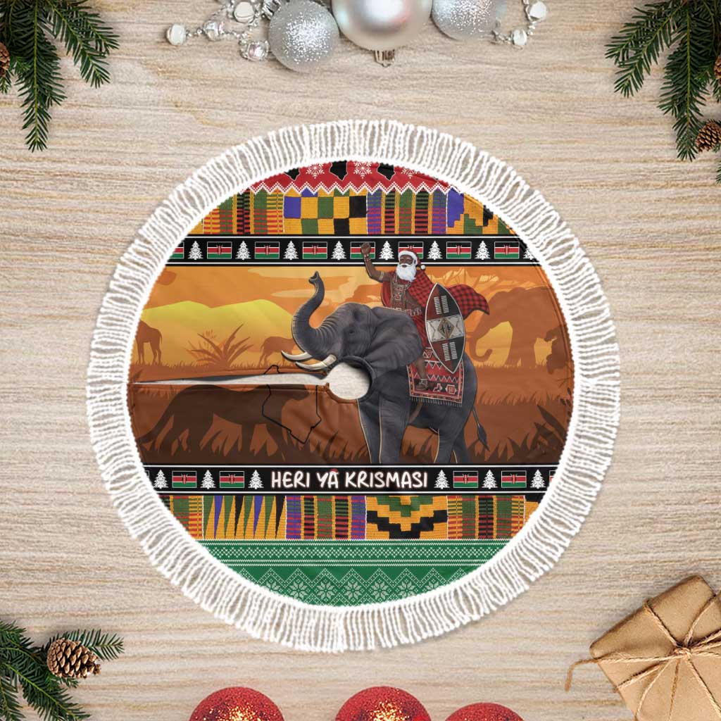 Kenya Safari Christmas Tree Skirt Black Santa Riding Elephant - Heri ya Krismasi - Wonder Print Shop