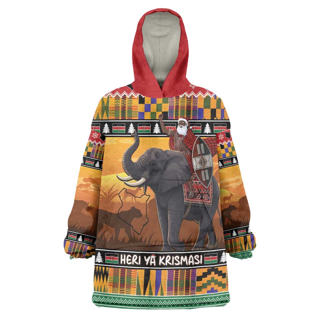 Kenya Safari Christmas Wearable Blanket Hoodie Black Santa Riding Elephant - Heri ya Krismasi - Wonder Print Shop