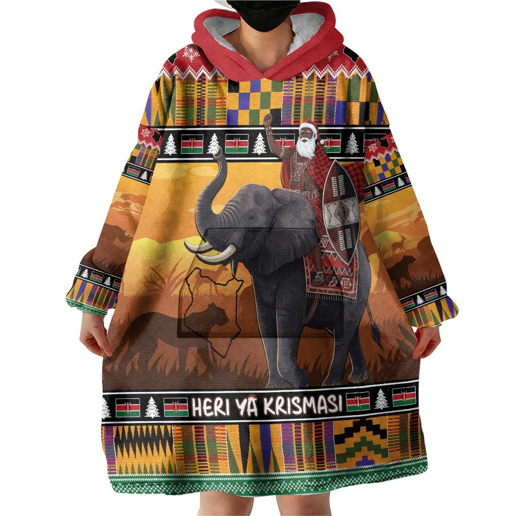 Kenya Safari Christmas Wearable Blanket Hoodie Black Santa Riding Elephant - Heri ya Krismasi - Wonder Print Shop