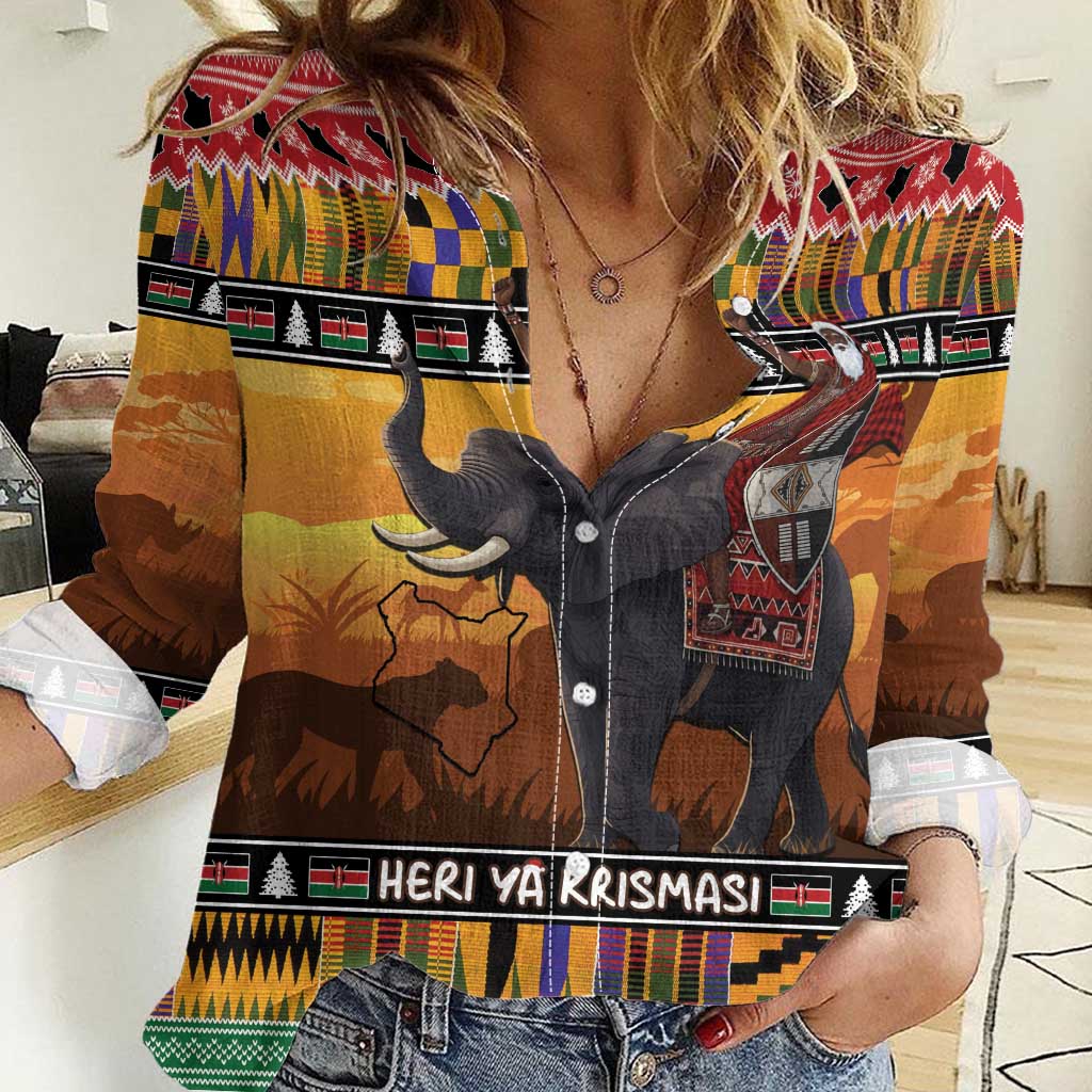 Kenya Safari Christmas Women Casual Shirt Black Santa Riding Elephant - Heri ya Krismasi - Wonder Print Shop