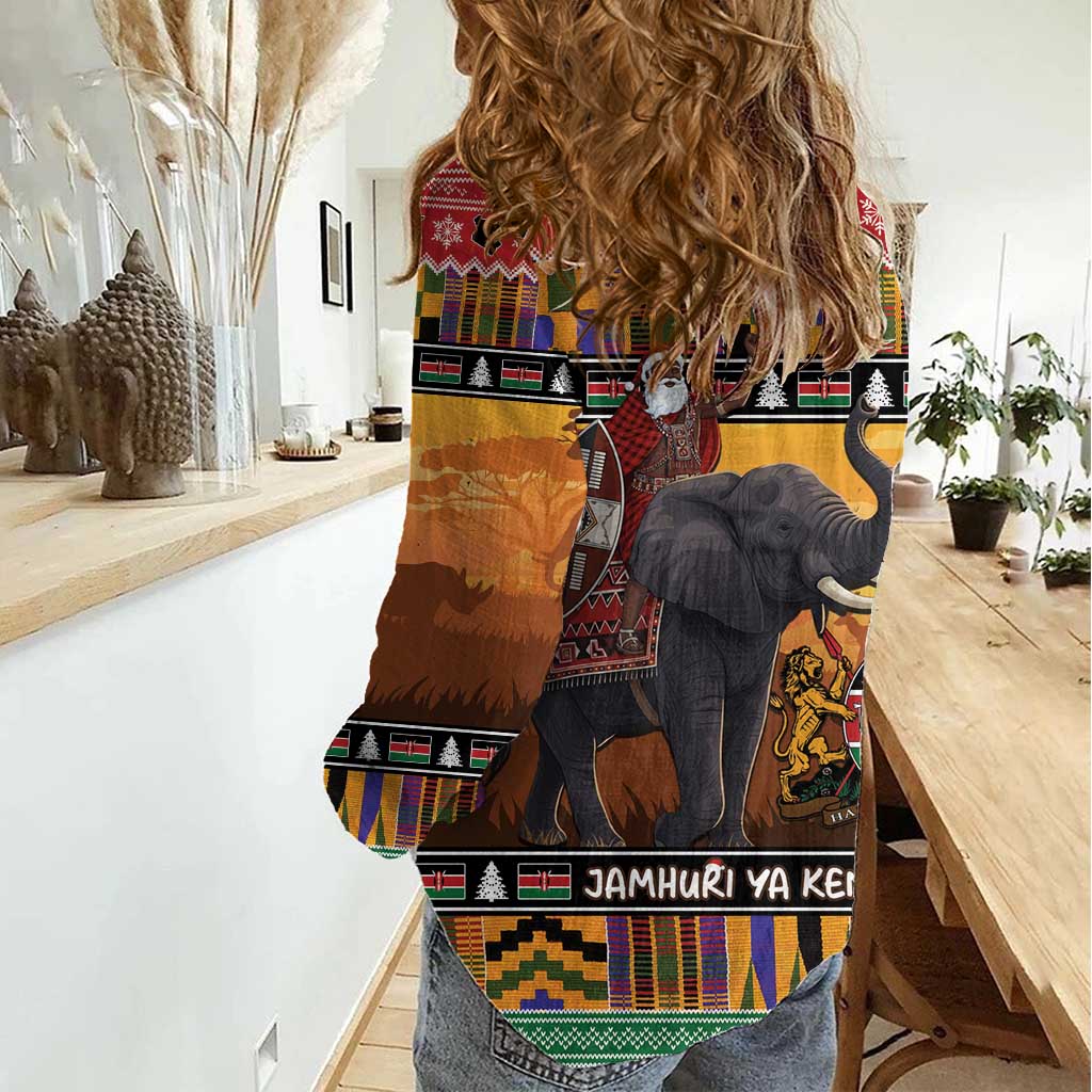 Kenya Safari Christmas Women Casual Shirt Black Santa Riding Elephant - Heri ya Krismasi - Wonder Print Shop