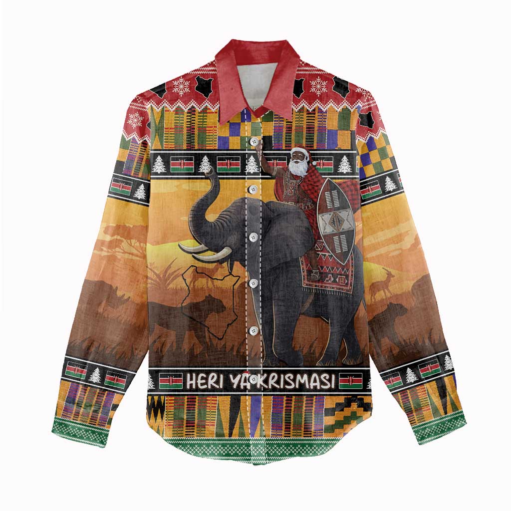 Kenya Safari Christmas Women Casual Shirt Black Santa Riding Elephant - Heri ya Krismasi - Wonder Print Shop