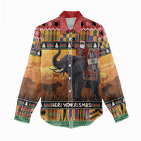 Kenya Safari Christmas Women Casual Shirt Black Santa Riding Elephant - Heri ya Krismasi - Wonder Print Shop