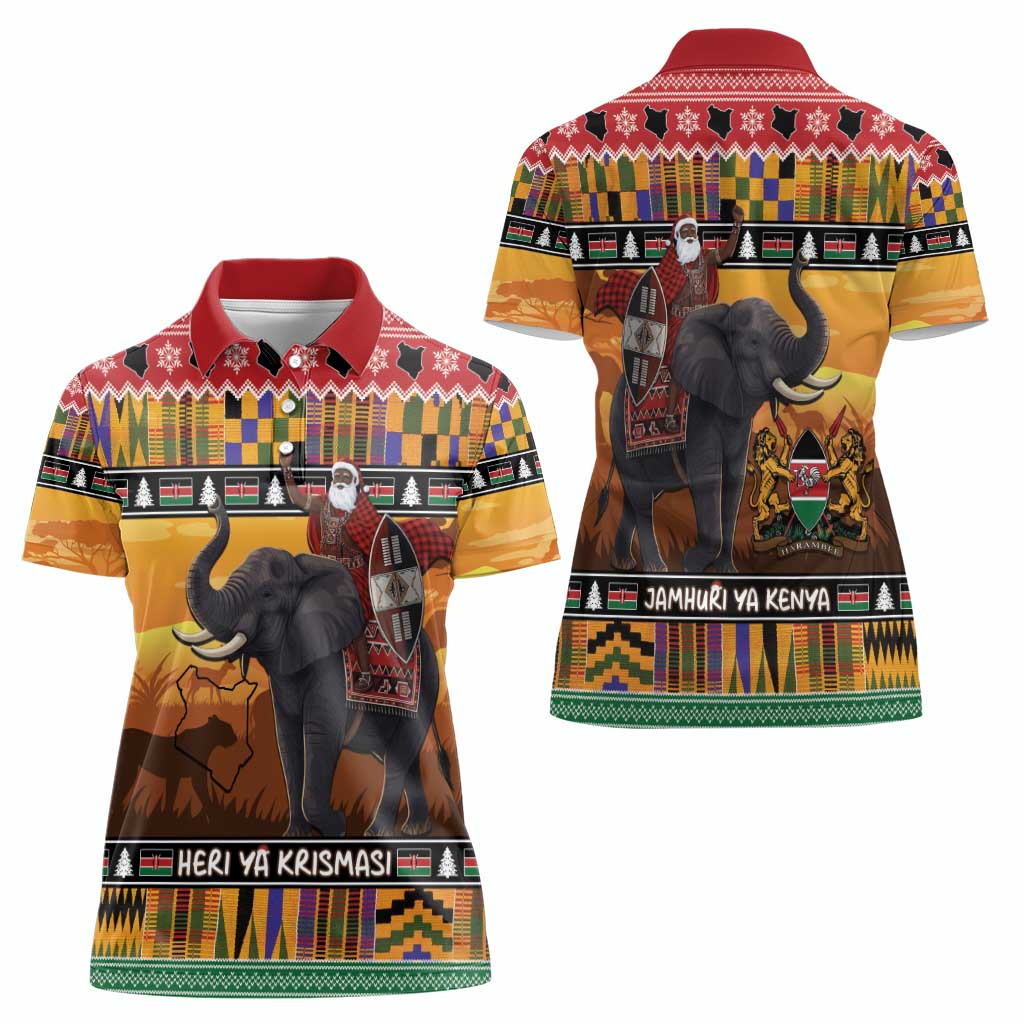 Kenya Safari Christmas Women Polo Shirt Black Santa Riding Elephant - Heri ya Krismasi - Wonder Print Shop