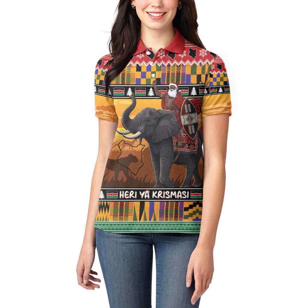 Kenya Safari Christmas Women Polo Shirt Black Santa Riding Elephant - Heri ya Krismasi - Wonder Print Shop