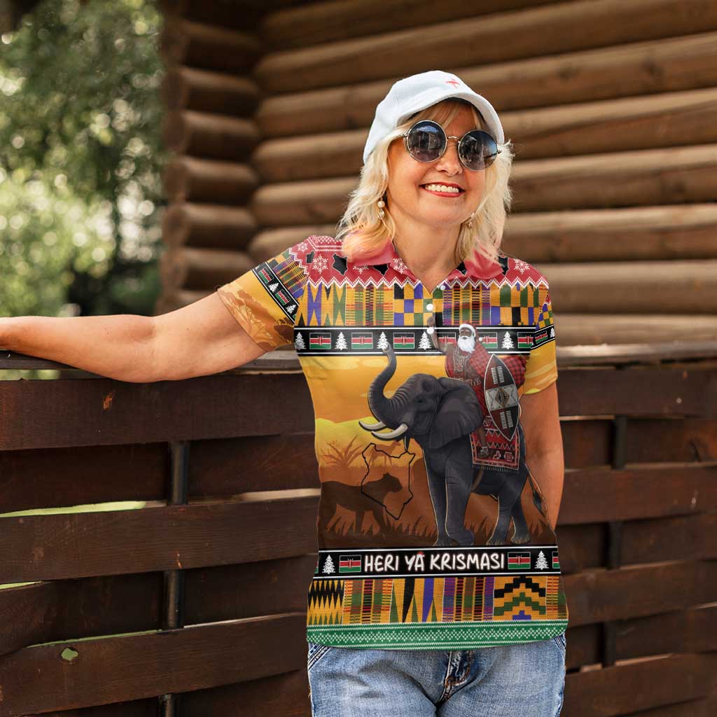 Kenya Safari Christmas Women Polo Shirt Black Santa Riding Elephant - Heri ya Krismasi - Wonder Print Shop