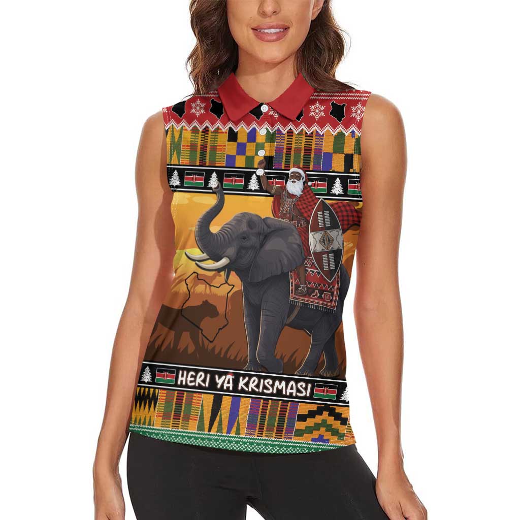 Kenya Safari Christmas Women Sleeveless Polo Shirt Black Santa Riding Elephant - Heri ya Krismasi - Wonder Print Shop