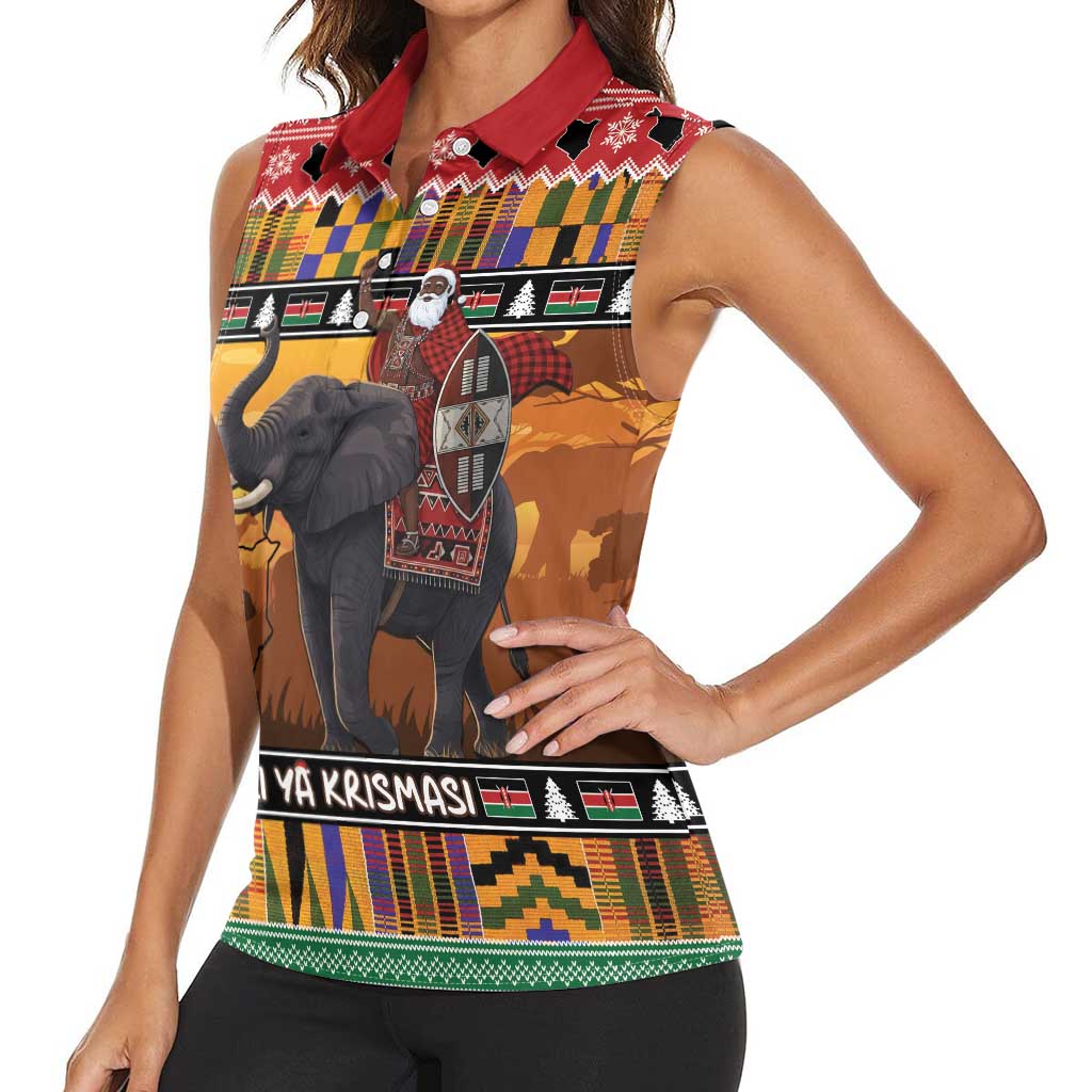 Kenya Safari Christmas Women Sleeveless Polo Shirt Black Santa Riding Elephant - Heri ya Krismasi - Wonder Print Shop