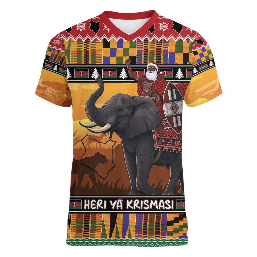 Kenya Safari Christmas Women V-Neck T-Shirt Black Santa Riding Elephant - Heri ya Krismasi - Wonder Print Shop