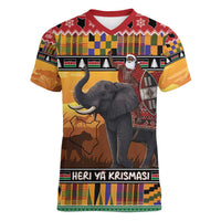 Kenya Safari Christmas Women V-Neck T-Shirt Black Santa Riding Elephant - Heri ya Krismasi - Wonder Print Shop
