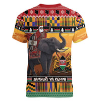 Kenya Safari Christmas Women V-Neck T-Shirt Black Santa Riding Elephant - Heri ya Krismasi - Wonder Print Shop