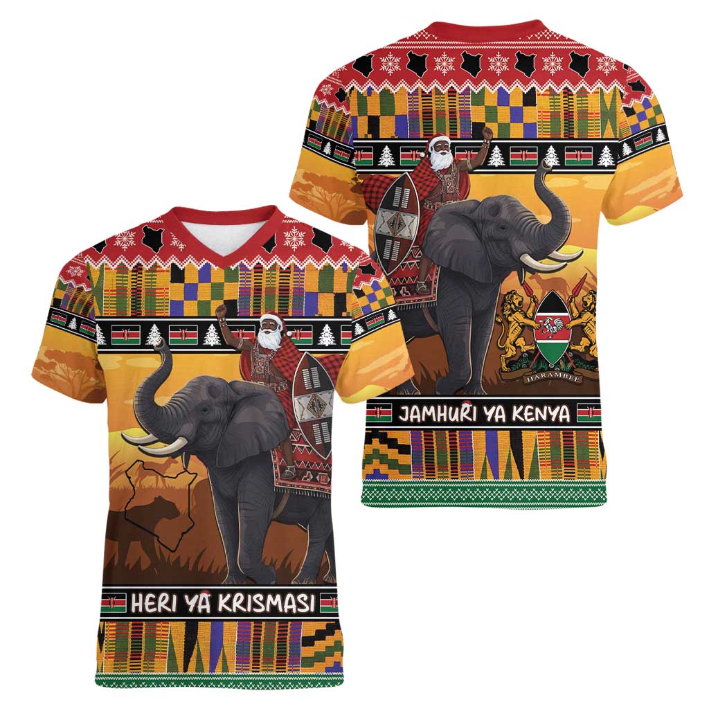Kenya Safari Christmas Women V-Neck T-Shirt Black Santa Riding Elephant - Heri ya Krismasi - Wonder Print Shop