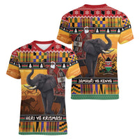 Kenya Safari Christmas Women V-Neck T-Shirt Black Santa Riding Elephant - Heri ya Krismasi - Wonder Print Shop