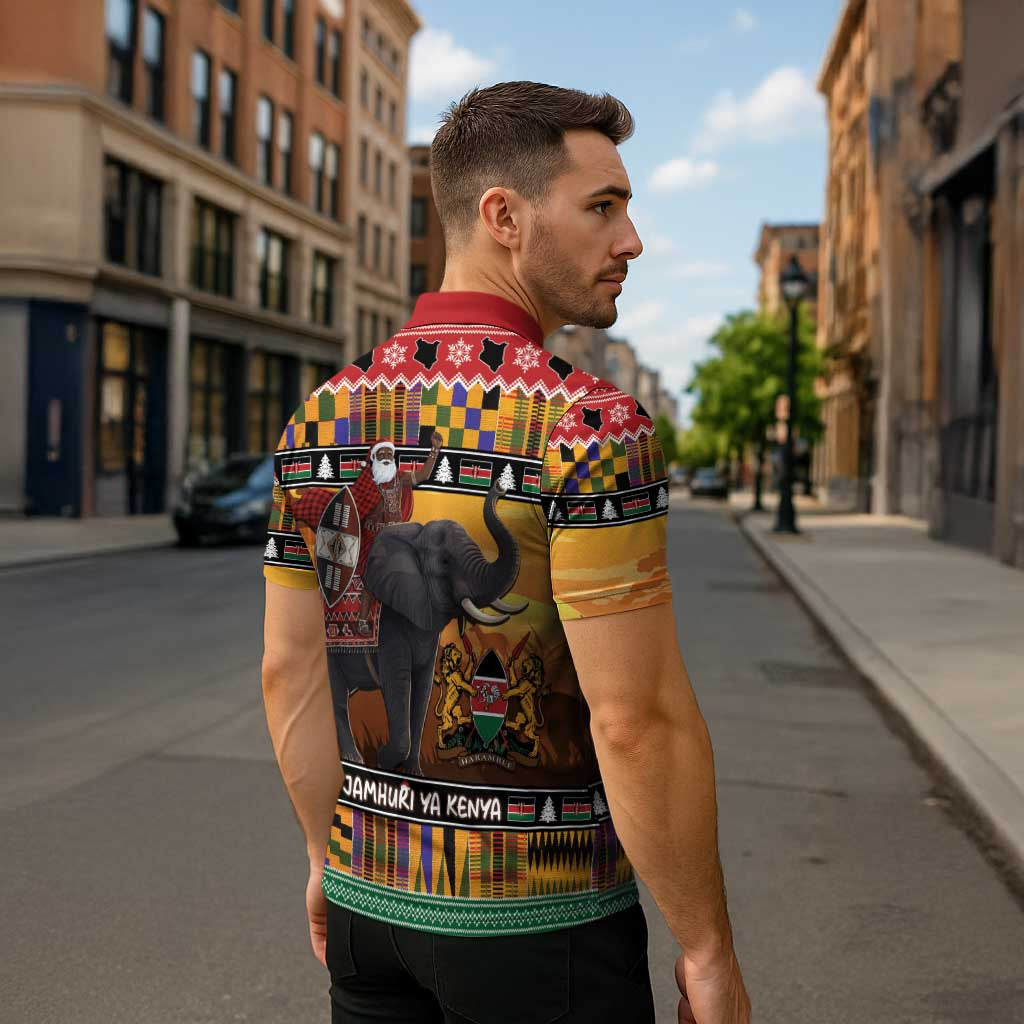 Kenya Safari Christmas Zipper Polo Shirt Black Santa Riding Elephant - Heri ya Krismasi - Wonder Print Shop