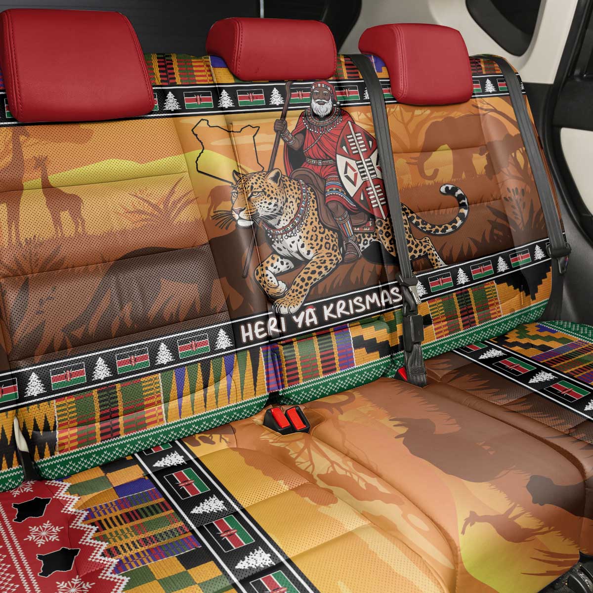 Kenya Safari Christmas Back Car Seat Cover Black Santa Riding Leopards - Heri ya Krismasi - Wonder Print Shop