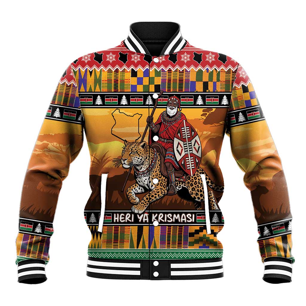 Kenya Safari Christmas Baseball Jacket Black Santa Riding Leopards - Heri ya Krismasi - Wonder Print Shop