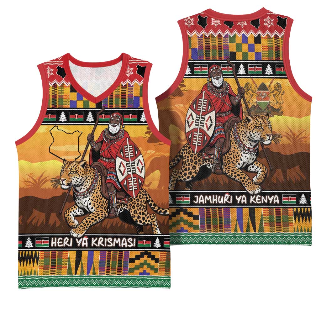 Kenya Safari Christmas Basketball Jersey Black Santa Riding Leopards - Heri ya Krismasi - Wonder Print Shop