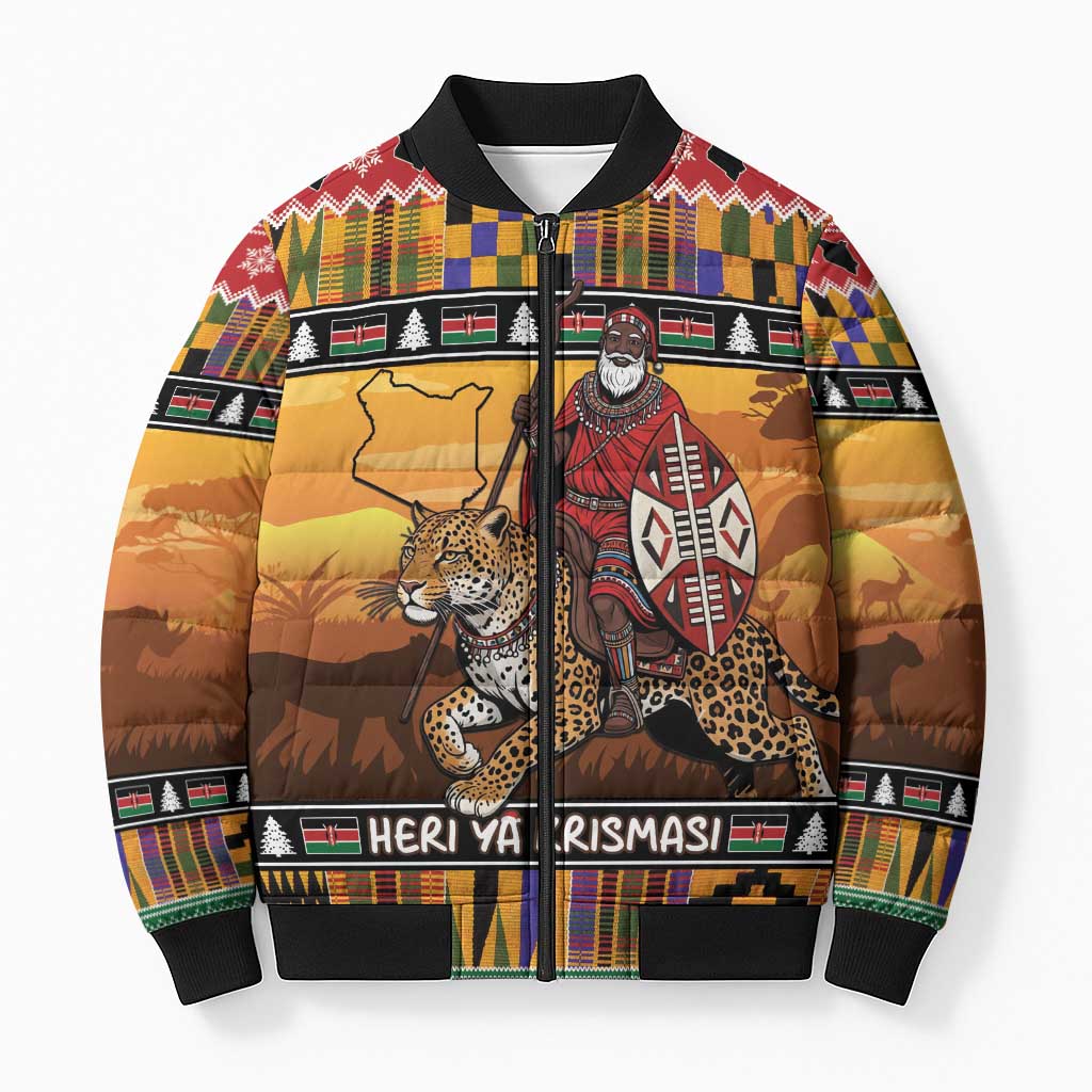 Kenya Safari Christmas Bomber Puffer Jacket Black Santa Riding Leopards - Heri ya Krismasi - Wonder Print Shop