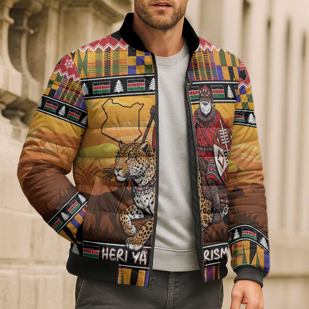 Kenya Safari Christmas Bomber Puffer Jacket Black Santa Riding Leopards - Heri ya Krismasi - Wonder Print Shop