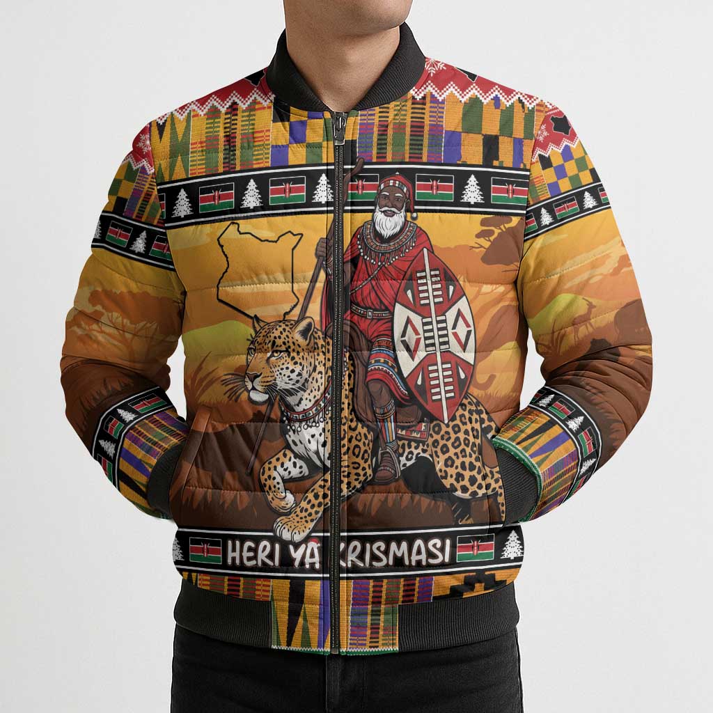 Kenya Safari Christmas Bomber Puffer Jacket Black Santa Riding Leopards - Heri ya Krismasi - Wonder Print Shop