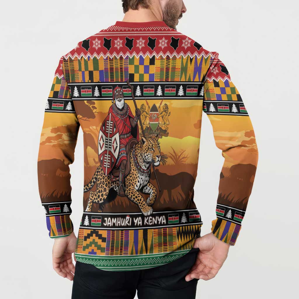 Kenya Safari Christmas Button Sweatshirt Black Santa Riding Leopards - Heri ya Krismasi - Wonder Print Shop
