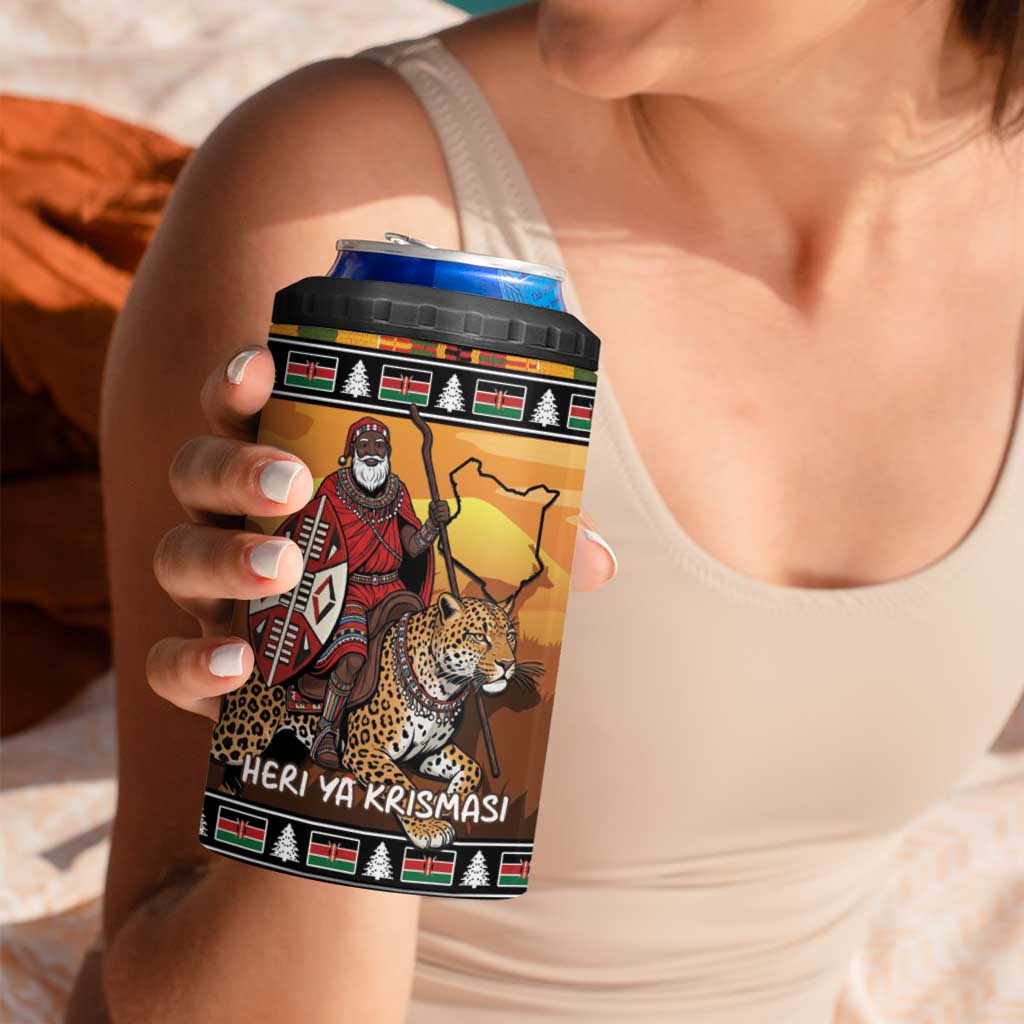 Kenya Safari Christmas 4 in 1 Can Cooler Tumbler Black Santa Riding Leopards - Heri ya Krismasi - Wonder Print Shop