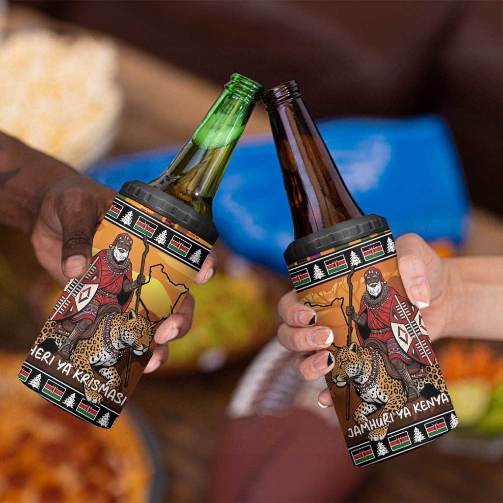 Kenya Safari Christmas 4 in 1 Can Cooler Tumbler Black Santa Riding Leopards - Heri ya Krismasi - Wonder Print Shop