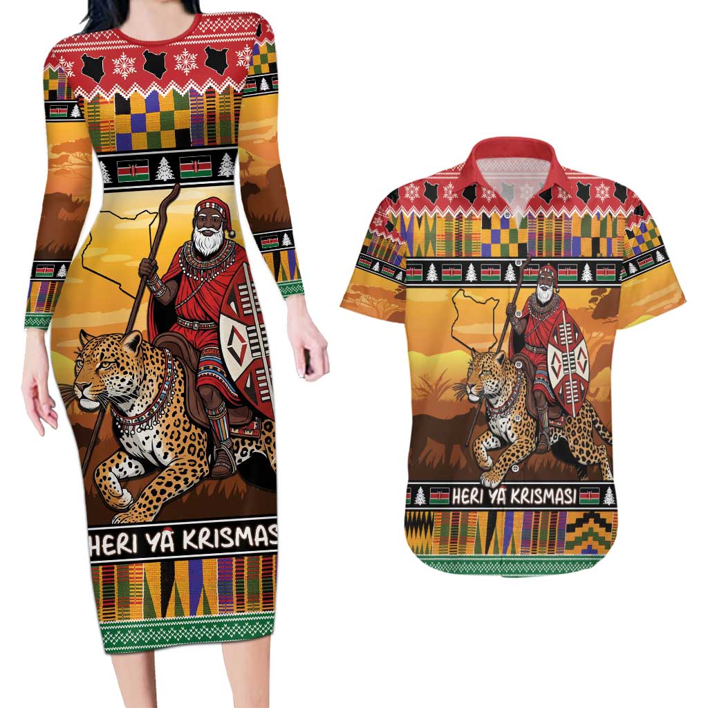 Kenya Safari Christmas Couples Matching Long Sleeve Bodycon Dress and Hawaiian Shirt Black Santa Riding Leopards - Heri ya Krismasi - Wonder Print Shop