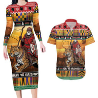 Kenya Safari Christmas Couples Matching Long Sleeve Bodycon Dress and Hawaiian Shirt Black Santa Riding Leopards - Heri ya Krismasi - Wonder Print Shop