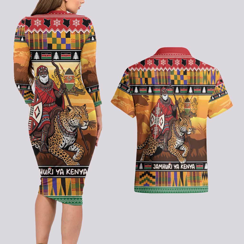 Kenya Safari Christmas Couples Matching Long Sleeve Bodycon Dress and Hawaiian Shirt Black Santa Riding Leopards - Heri ya Krismasi - Wonder Print Shop