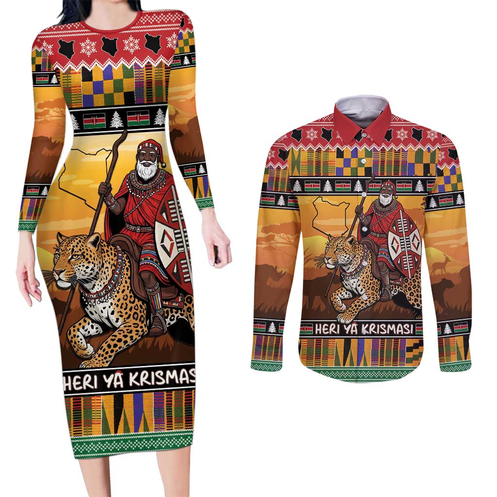 Kenya Safari Christmas Couples Matching Long Sleeve Bodycon Dress and Long Sleeve Button Shirt Black Santa Riding Leopards - Heri ya Krismasi - Wonder Print Shop