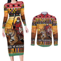 Kenya Safari Christmas Couples Matching Long Sleeve Bodycon Dress and Long Sleeve Button Shirt Black Santa Riding Leopards - Heri ya Krismasi - Wonder Print Shop