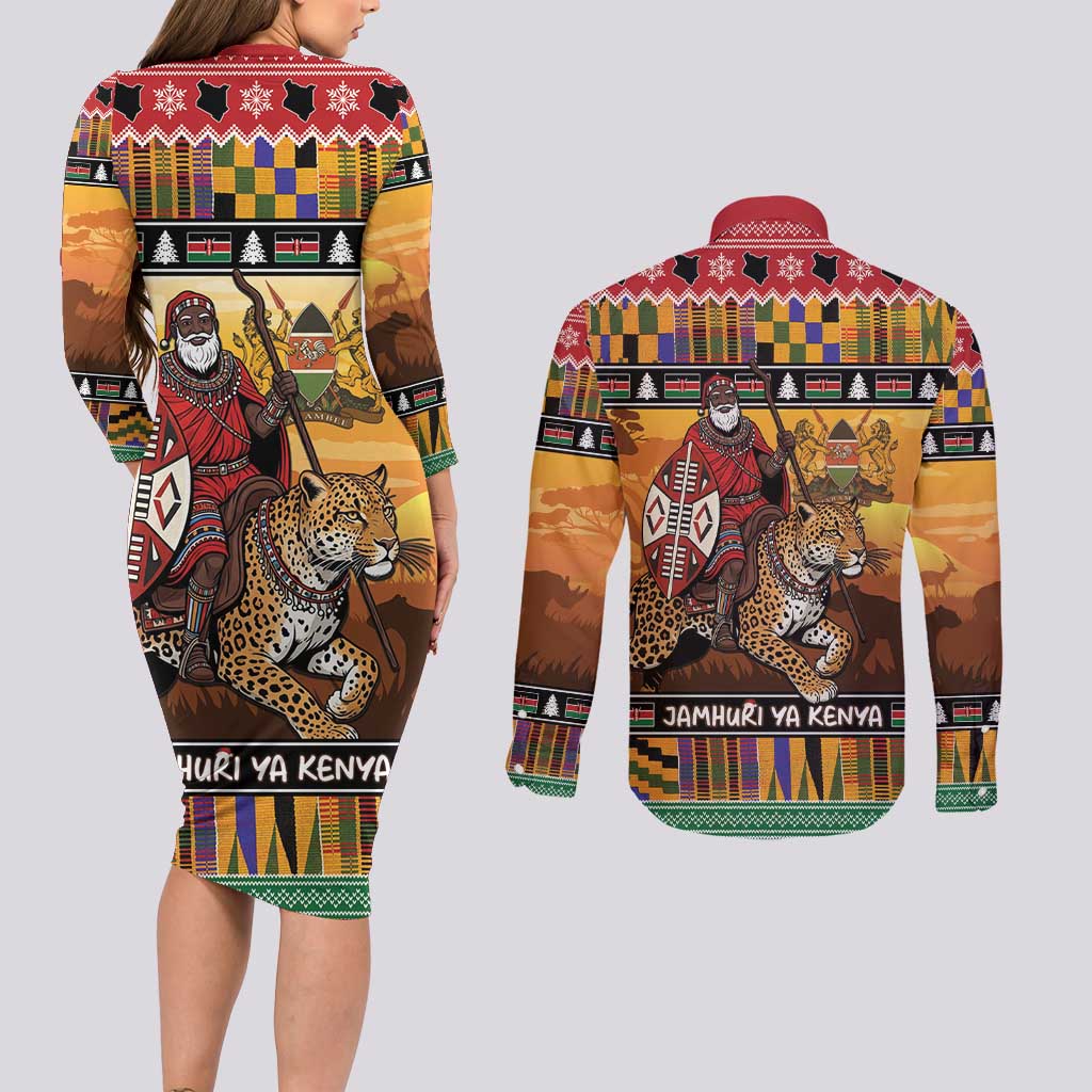 Kenya Safari Christmas Couples Matching Long Sleeve Bodycon Dress and Long Sleeve Button Shirt Black Santa Riding Leopards - Heri ya Krismasi - Wonder Print Shop