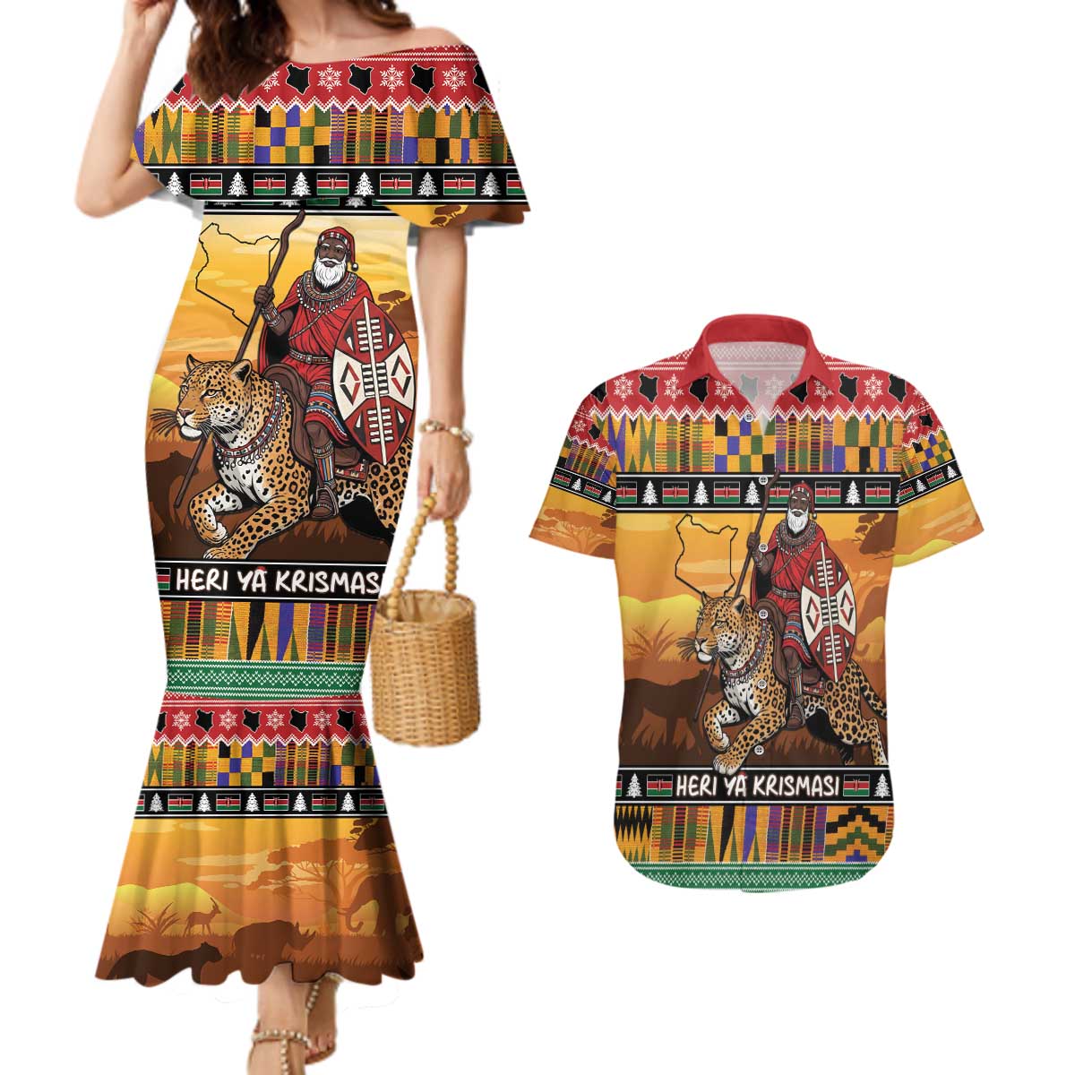 Kenya Safari Christmas Couples Matching Mermaid Dress and Hawaiian Shirt Black Santa Riding Leopards - Heri ya Krismasi - Wonder Print Shop