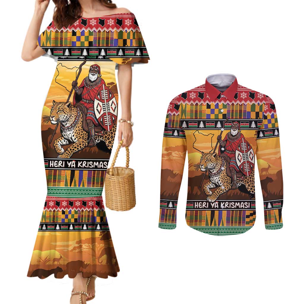 Kenya Safari Christmas Couples Matching Mermaid Dress and Long Sleeve Button Shirt Black Santa Riding Leopards - Heri ya Krismasi - Wonder Print Shop