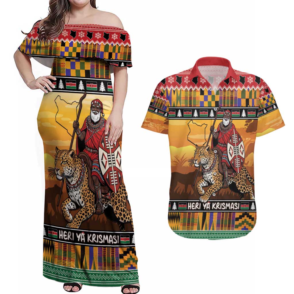 Kenya Safari Christmas Couples Matching Off Shoulder Maxi Dress and Hawaiian Shirt Black Santa Riding Leopards - Heri ya Krismasi - Wonder Print Shop