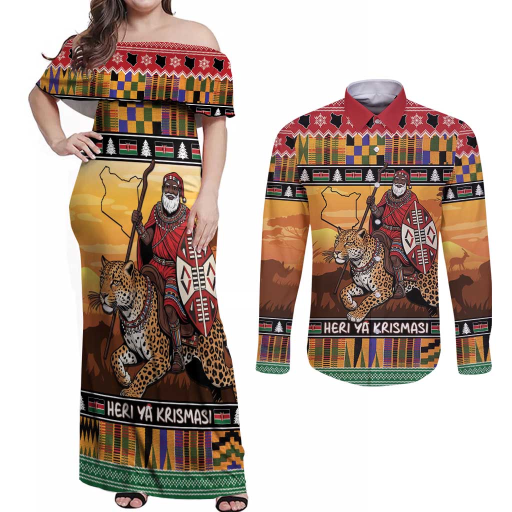 Kenya Safari Christmas Couples Matching Off Shoulder Maxi Dress and Long Sleeve Button Shirt Black Santa Riding Leopards - Heri ya Krismasi - Wonder Print Shop