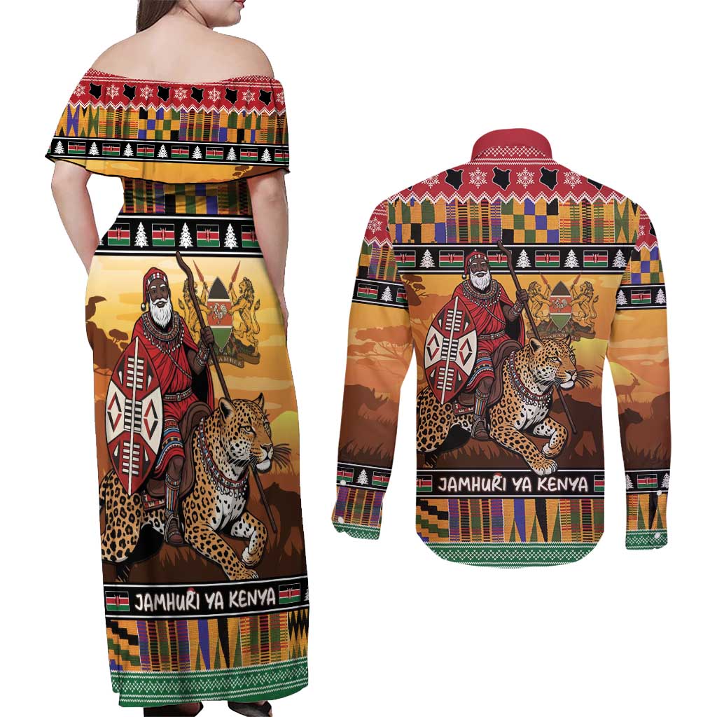 Kenya Safari Christmas Couples Matching Off Shoulder Maxi Dress and Long Sleeve Button Shirt Black Santa Riding Leopards - Heri ya Krismasi - Wonder Print Shop
