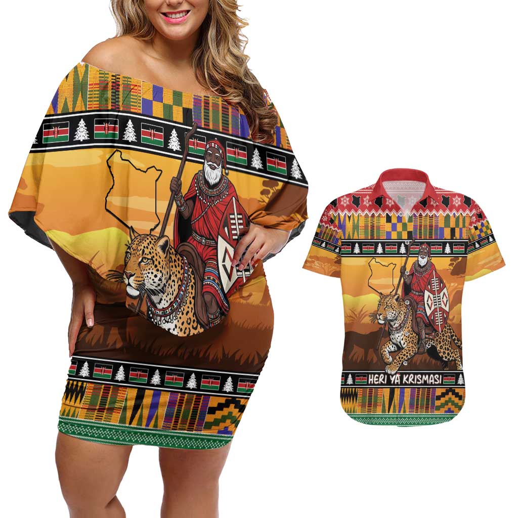 Kenya Safari Christmas Couples Matching Off Shoulder Short Dress and Hawaiian Shirt Black Santa Riding Leopards - Heri ya Krismasi - Wonder Print Shop