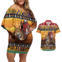 Kenya Safari Christmas Couples Matching Off Shoulder Short Dress and Hawaiian Shirt Black Santa Riding Leopards - Heri ya Krismasi - Wonder Print Shop