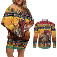 Kenya Safari Christmas Couples Matching Off Shoulder Short Dress and Long Sleeve Button Shirt Black Santa Riding Leopards - Heri ya Krismasi - Wonder Print Shop