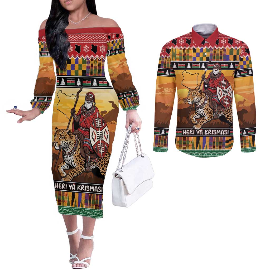 Kenya Safari Christmas Couples Matching Off The Shoulder Long Sleeve Dress and Long Sleeve Button Shirt Black Santa Riding Leopards - Heri ya Krismasi - Wonder Print Shop