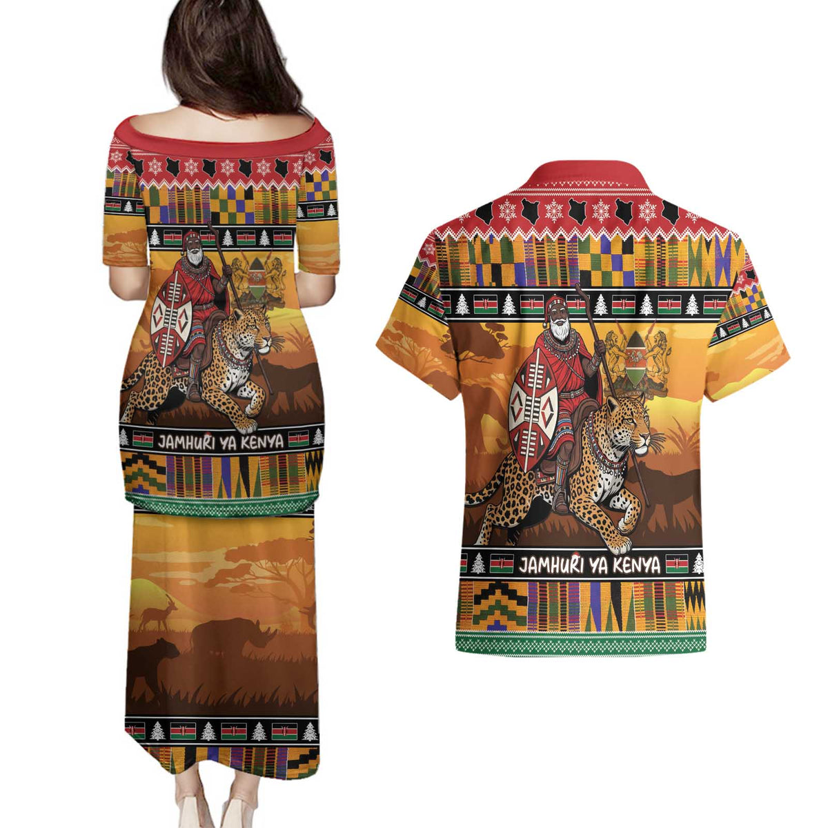Kenya Safari Christmas Couples Matching Puletasi and Hawaiian Shirt Black Santa Riding Leopards - Heri ya Krismasi - Wonder Print Shop