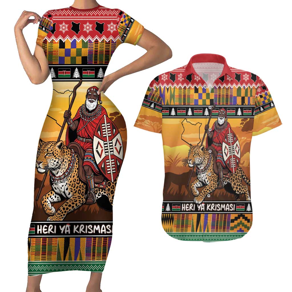 Kenya Safari Christmas Couples Matching Short Sleeve Bodycon Dress and Hawaiian Shirt Black Santa Riding Leopards - Heri ya Krismasi - Wonder Print Shop